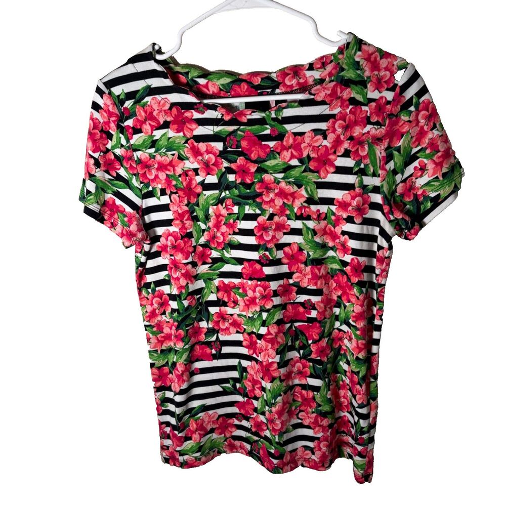 Rafaella T-Shirt Women's Medium Scalloped Short Sleeve Floral Striped Shirt Top